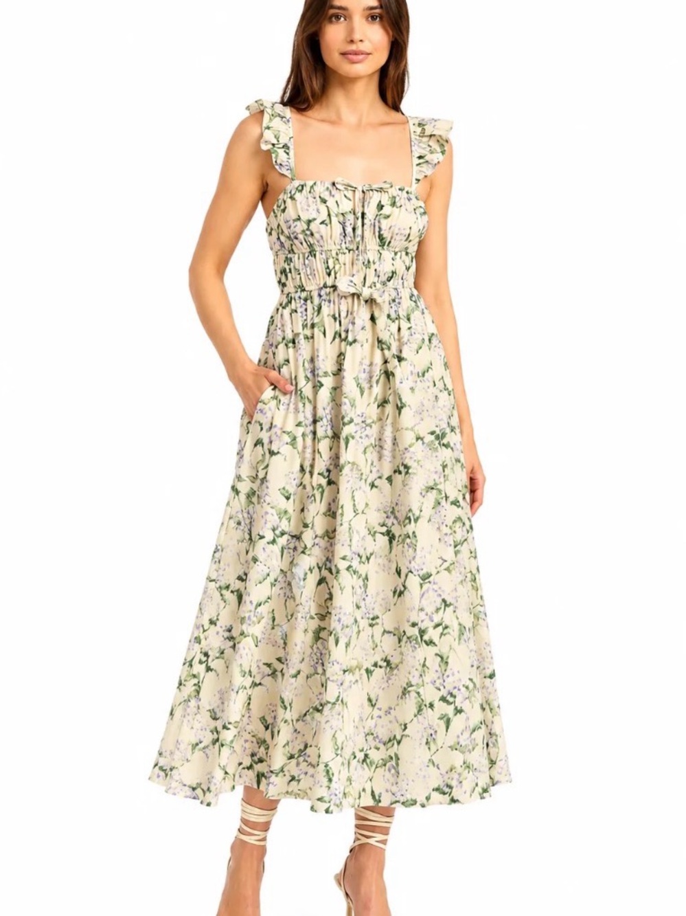 En Saison Charleston Floral Ruffle Midi Dress Natural Indigo NWT M